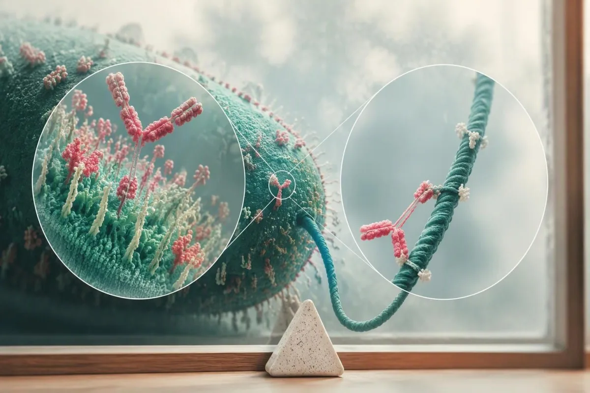 Ilustrasi molekuler edukatif babagan antibodi sing sesambungan karo antigen Salmonella O lan H