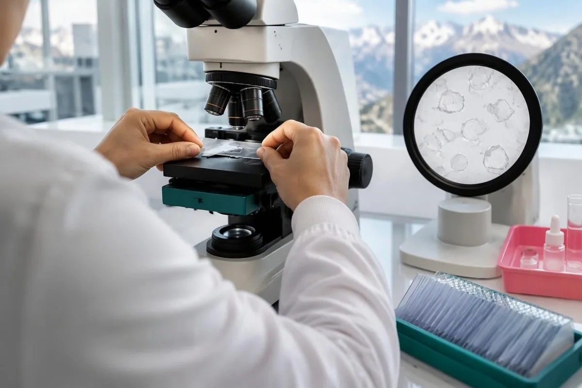 Xét nghiệm cystine trong nước tiểu: Nồng độ cao, tinh thể và chẩn đoán 6 Xét nghiệm cystine trong nước tiểu — chuyên viên xét nghiệm đặt lam kính để nhận diện tinh thể