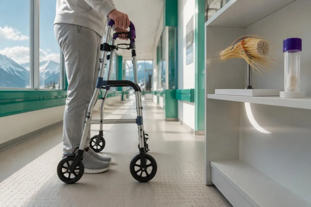 VEGF Blood Test: High Levels, Sampling and POEMS Clues 15 VEGF blood test neuropathy care illustrated by a standing patient using a mobility aid in a clinical corridor