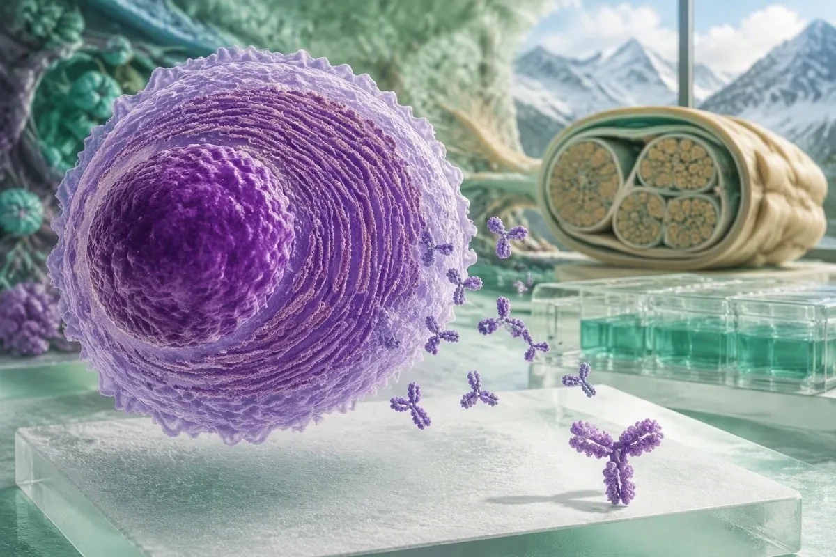 VEGF Blood Test: High Levels, Sampling and POEMS Clues 8 VEGF blood test context shown by plasma-cell immunoglobulin production in a scientific cellular illustration