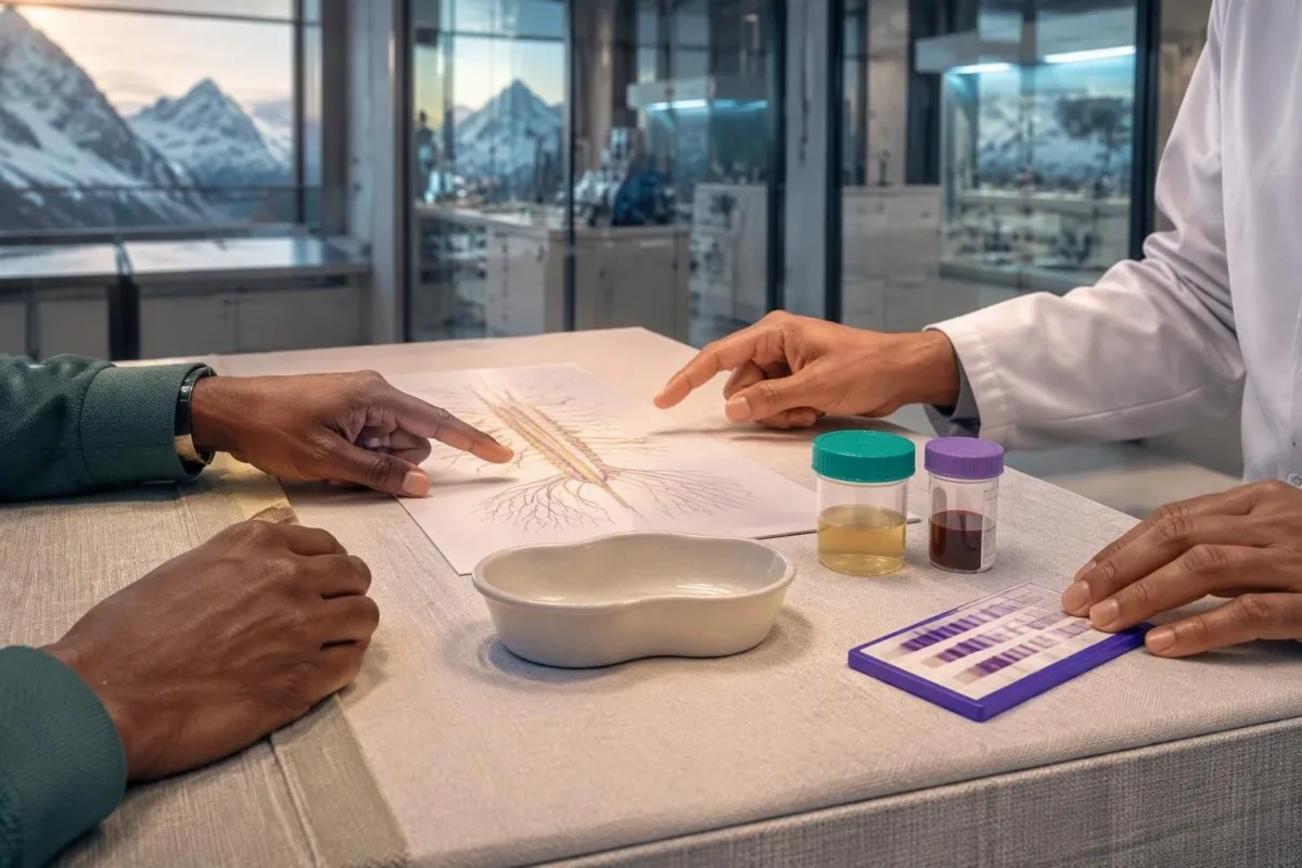 VEGF Blood Test: High Levels, Sampling and POEMS Clues 16 VEGF blood test review illustrated with specimen containers, nerve models and an unlabelled clinical diagram