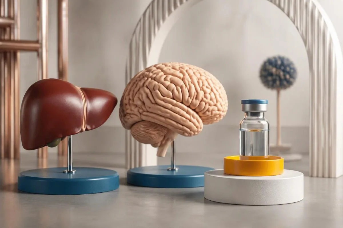 Voriconazole Trough: Timing, Targets and Dose Safety 13 Voriconazole trough safety portrait with isolated liver and brain models beside a laboratory vial