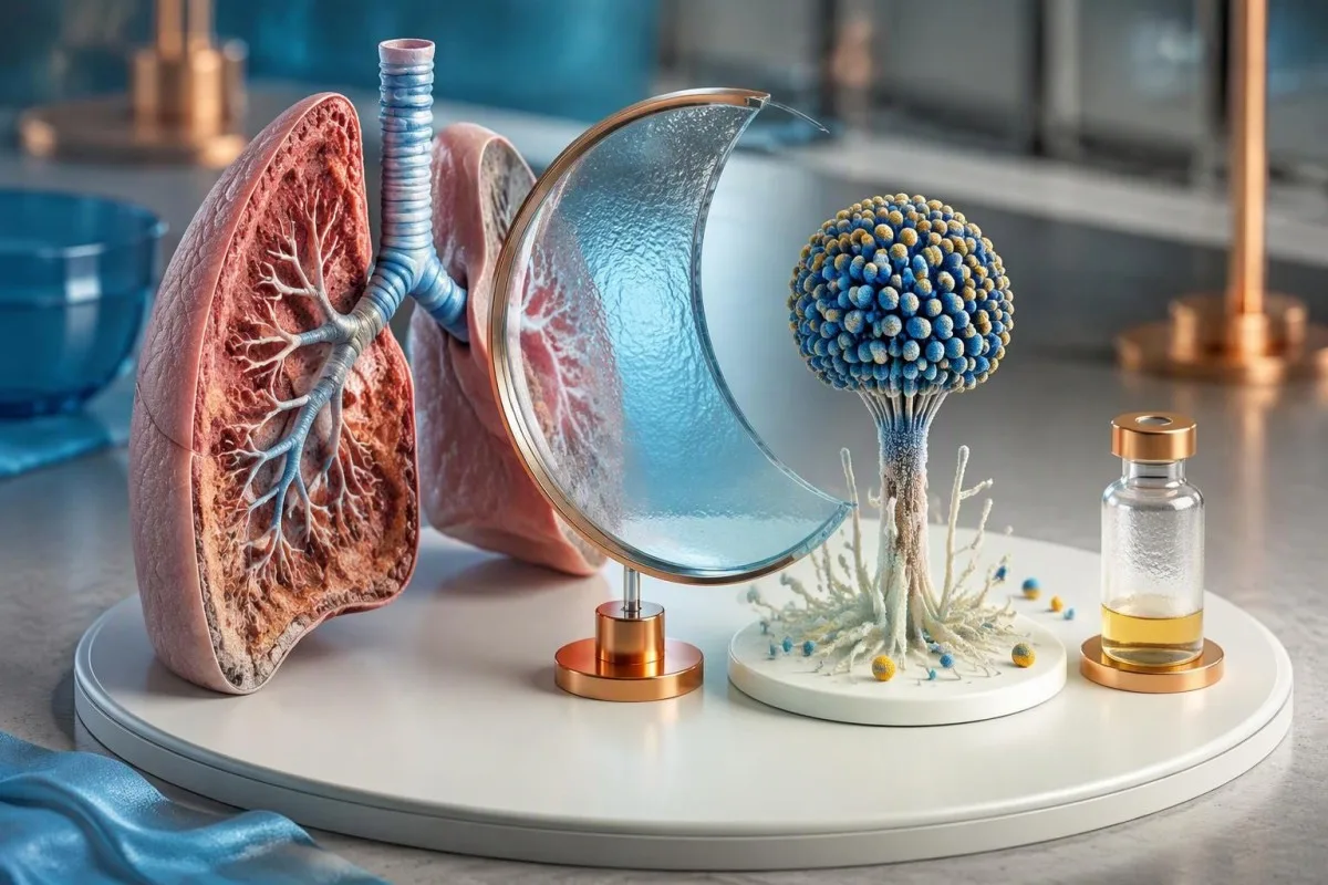Voriconazole Trough: Timing, Targets and Dose Safety 14 Voriconazole trough effectiveness illustration with an Aspergillus model beside a lung cross-section