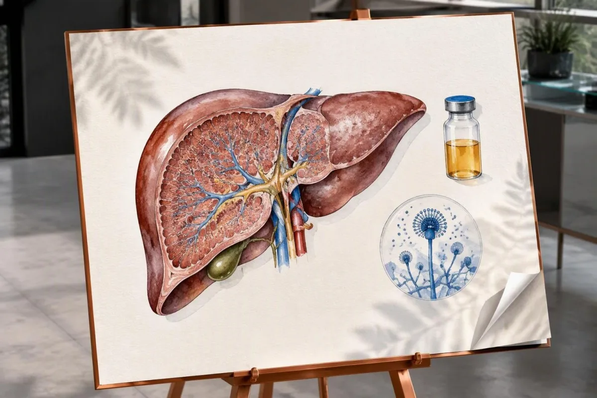 Voriconazole Trough: Timing, Targets and Dose Safety 11 Voriconazole trough liver-monitoring illustration with an anatomical liver and specialist sample vial