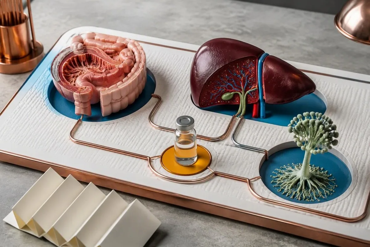 Voriconazole Trough: Timing, Targets and Dose Safety 16 Voriconazole trough review illustration linking isolated intestine and liver models with a sample vial